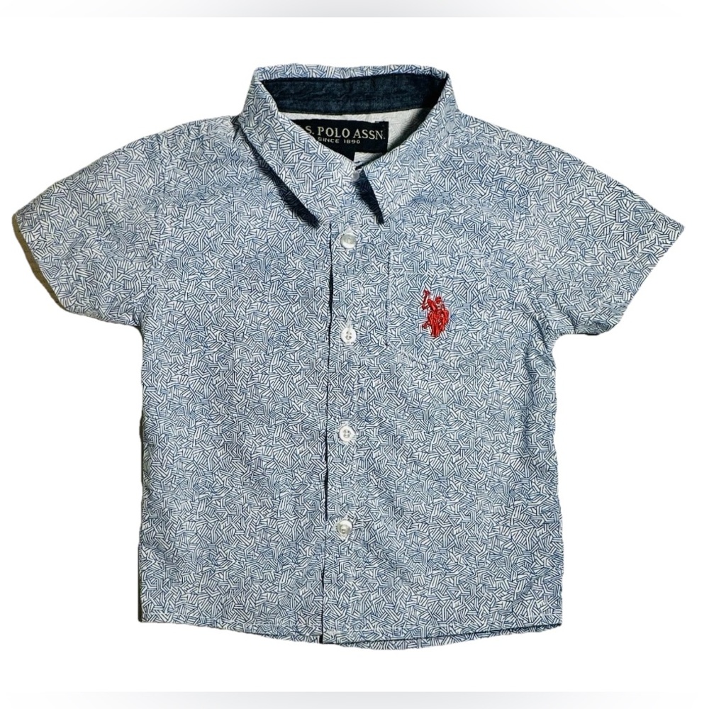 U.S. Polo Assn Boys Sz 18M Toddler Blue White Red Pony Button Down Short Sleeve